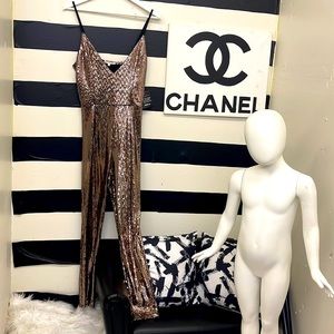 NWT Metallic Rose Gold Jumpsuit fitted sequin size medium Charlotte Russe